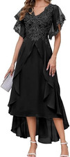 Women's Floral Lace Appliques Ruffle Sleeve Tea Length V Neck Party Dress Sz 8