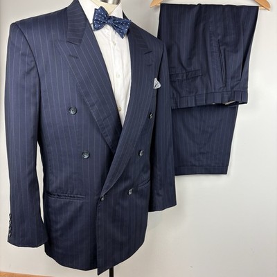 Bespoke x Scabal 40S double breasted navy blue stripe 2pc suit 32 x 29 pants