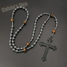 Gothic Punk Cross Pendant Hematite Tiger Eye Beads Rosary Necklace Men Gift