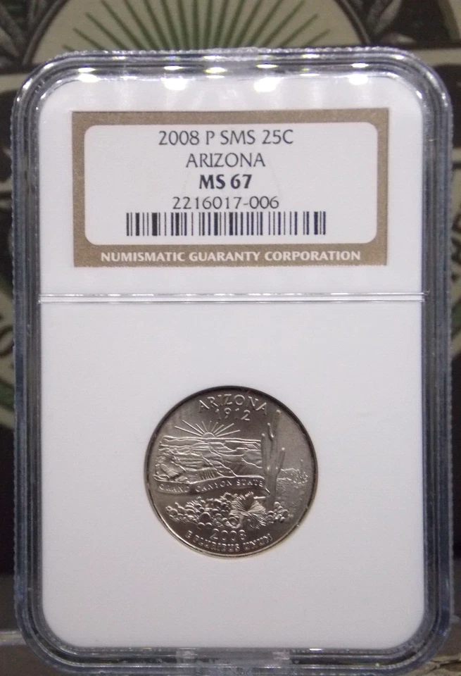 2008 "P" State Quarter **ARIZONA** SMS 25c NGC MS67 #006 Gem BU Unc Uncirculated - Image 3 of 4