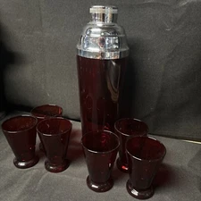 Vintage MCM Ruby Red Glass Cocktail Shaker Set