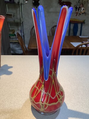 Unusual Russian Artist E ZAREH Baijan Art Glass Tall Vase ..Red Blue Gold