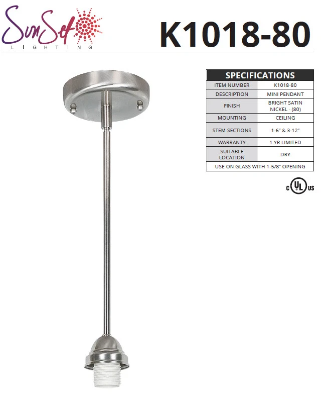Satin Nickel Stem Pendant Contemporary K1018-80 Sunset Lighting & Fan Adj Height - Image 2 of 3
