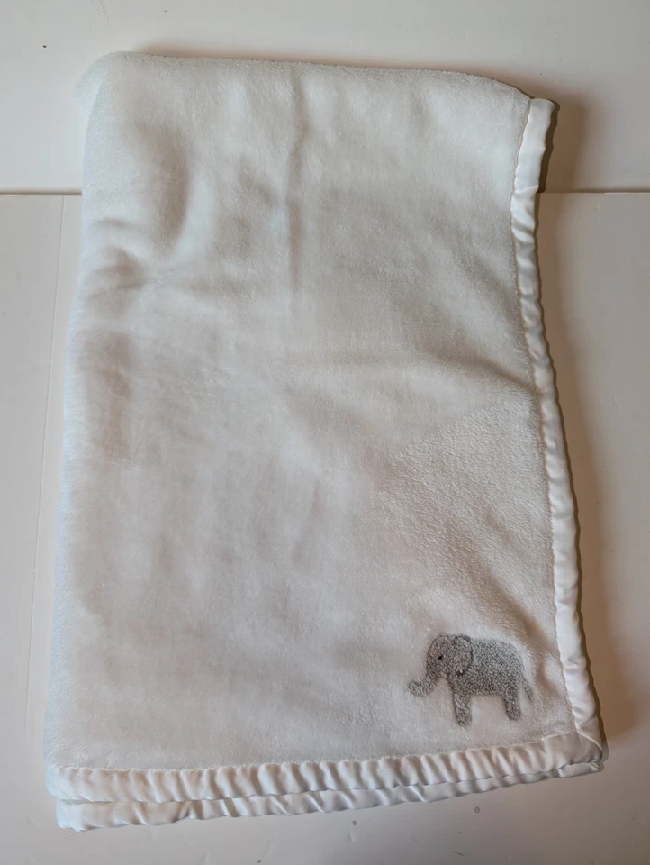 Carter's OS White Baby Blanket Satin Trim Embroidered Gray Elephant Soft Fleece  - Image 3 of 4