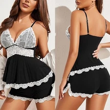 Women's Sexy Lingerie Set Nightgown Bbaydoll Lace V-neck Sleepwear Lingerie Gift