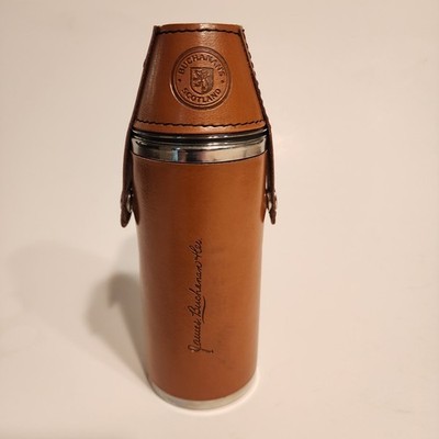 JAMES BUCHANAN STAINLES STEEL FLASK 8OZ TRAVEL CONTAINER WITH BROWN HOLDER NEW