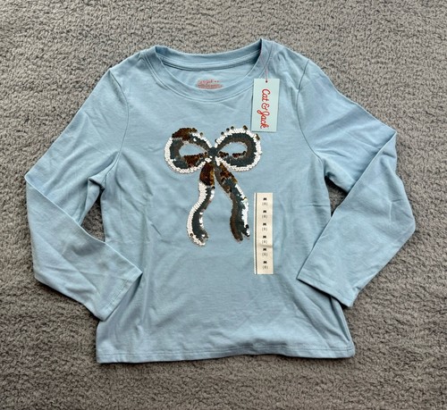 Cat & Jack Girl's Medium (8) Long Sleeve Flip Sequin 'Bow' T-Shirt Dusty Blue