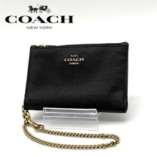 COACH Wallet Chain Compact Leather BLACK Logo Excellent with Box