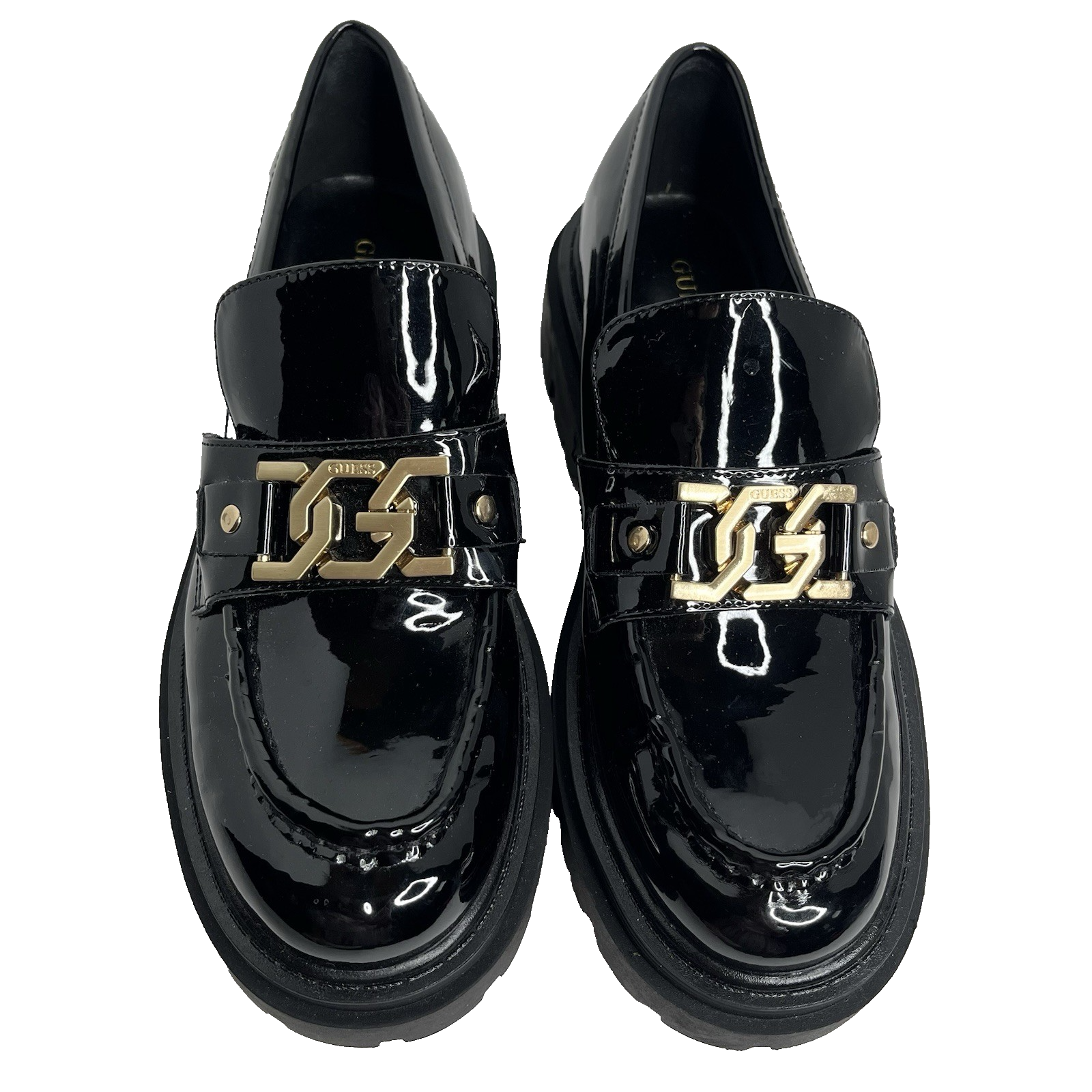 SAOLA Scarpe mocassini Guess Keates in pelle verniciata nera con suola a strappo e plateau taglia 8 5