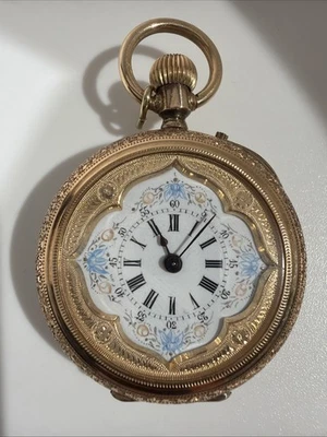 Taschenuhr Ladies Hunter Pocket Watch Enamel Dial 14K Gelbgold Handaufzug - Bild 1 von 4
