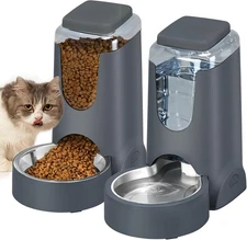 Automatic Cat Feeder Water Dispenser Stainless Steel Bowl 1 Gallon X 2