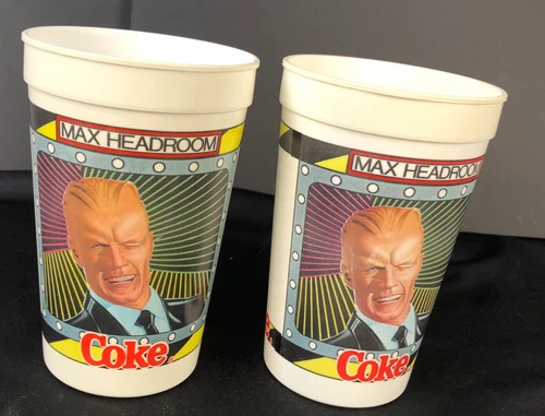Vintage Max Headroom Plastic Cup Coke 1987 Coca Cola Soda Pop Souvenir 80s x 2