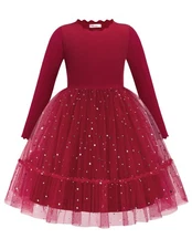 Girl Tutu Dress Fall Winter Long Sleeve Star Sequin Party Tulle Red Christmas...
