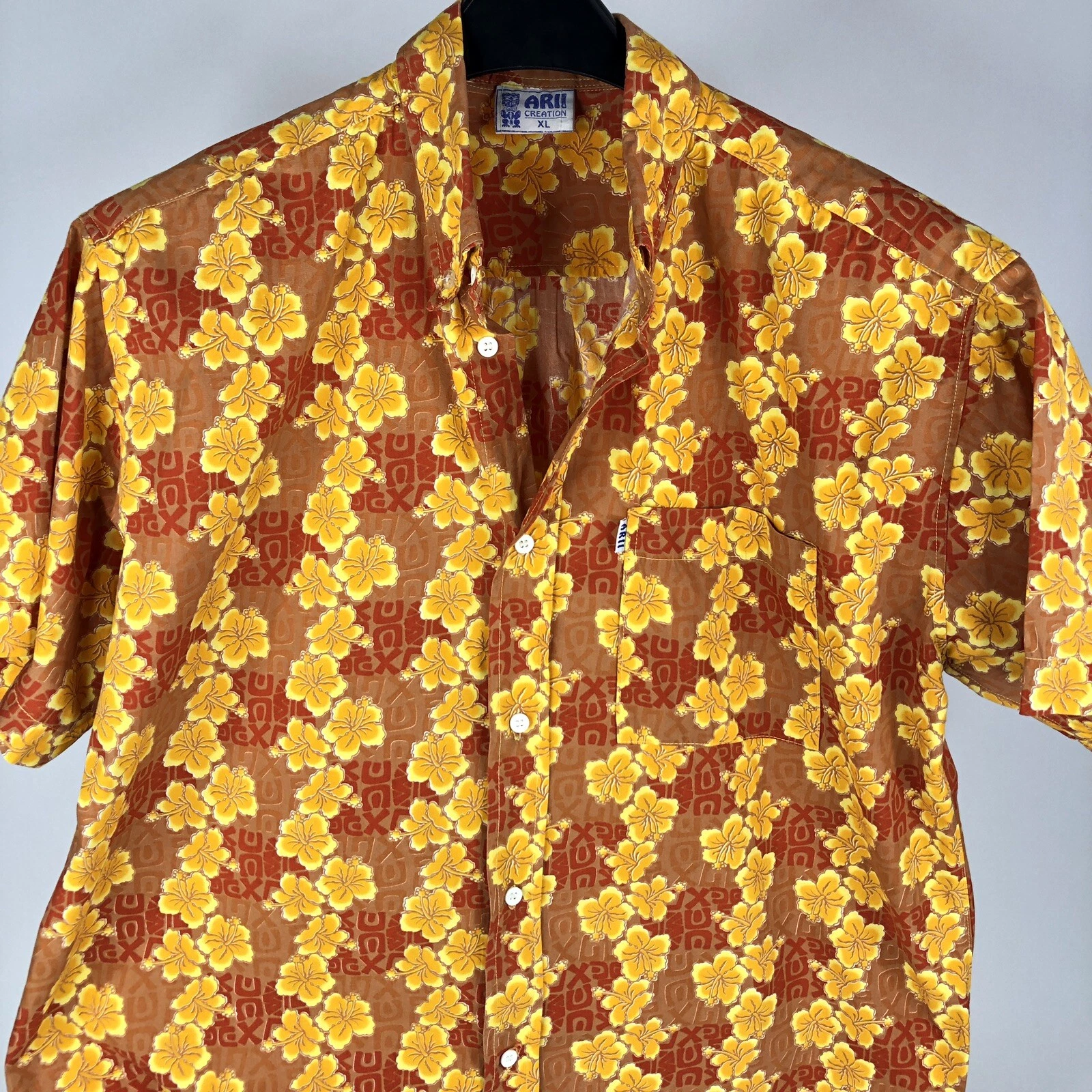 Vintage Arii Creation Shirt Mens Extra Large Tiki Tropical Flowers Orange Yellow