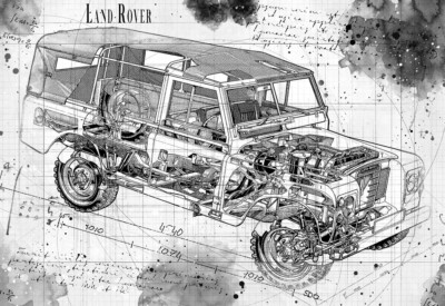 Line Tech Zeichnung Land Rover Auto Car Classic Cutaway Kunst Poster Druck