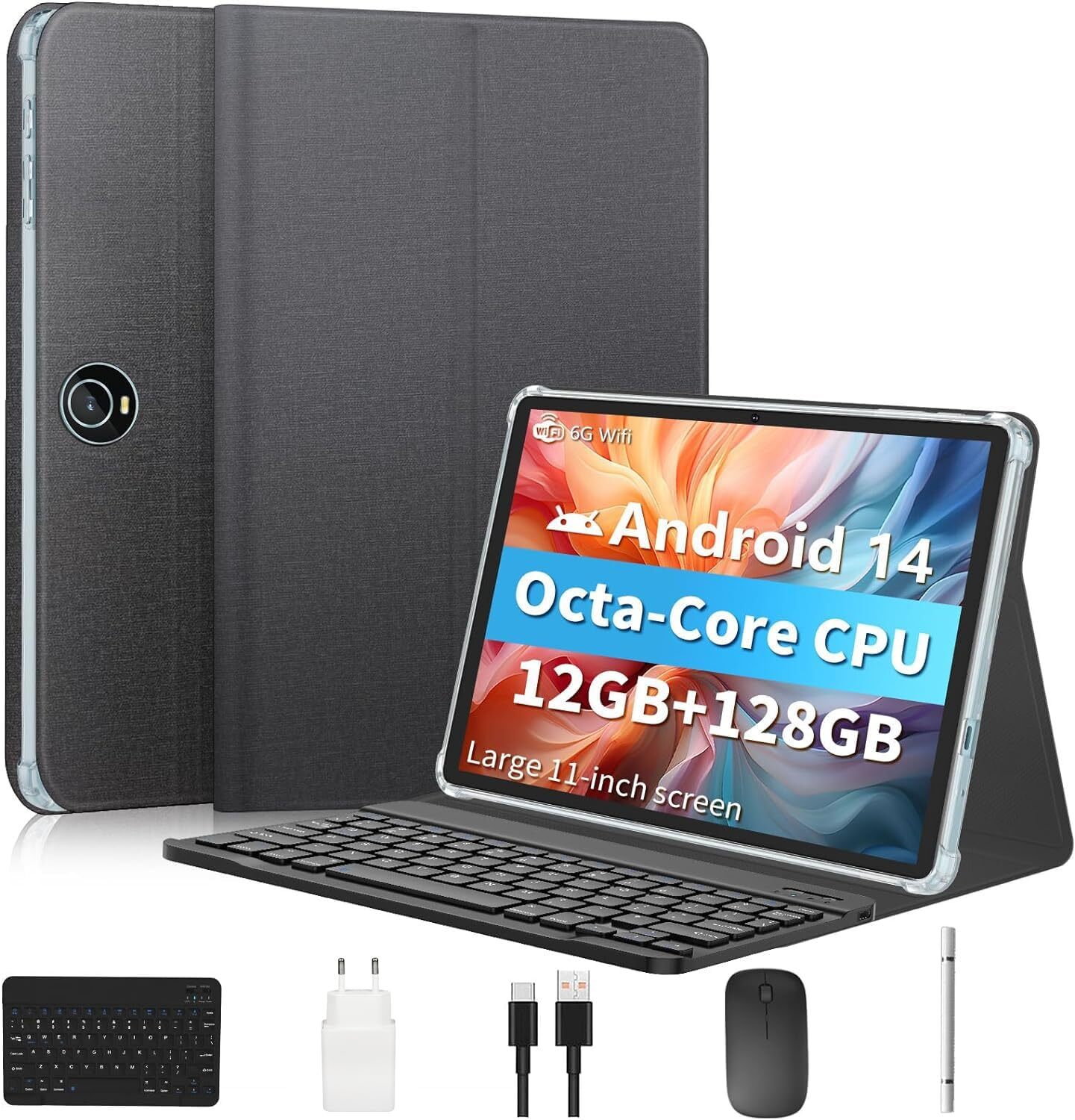 Android 14 Tablet, 11 inch Tablets Octa-Core, Tablet PC Black with Keyboard