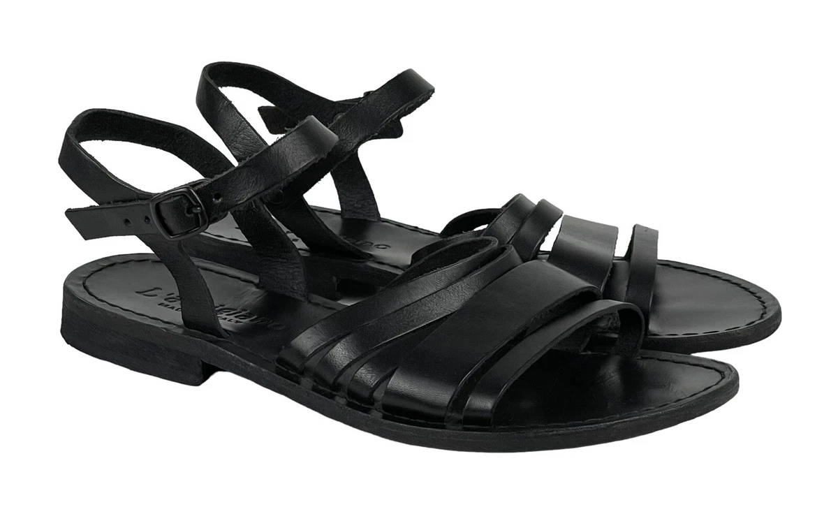 L Artigiano Black Leather Strappy Flat Sandals Women s Size EU 37