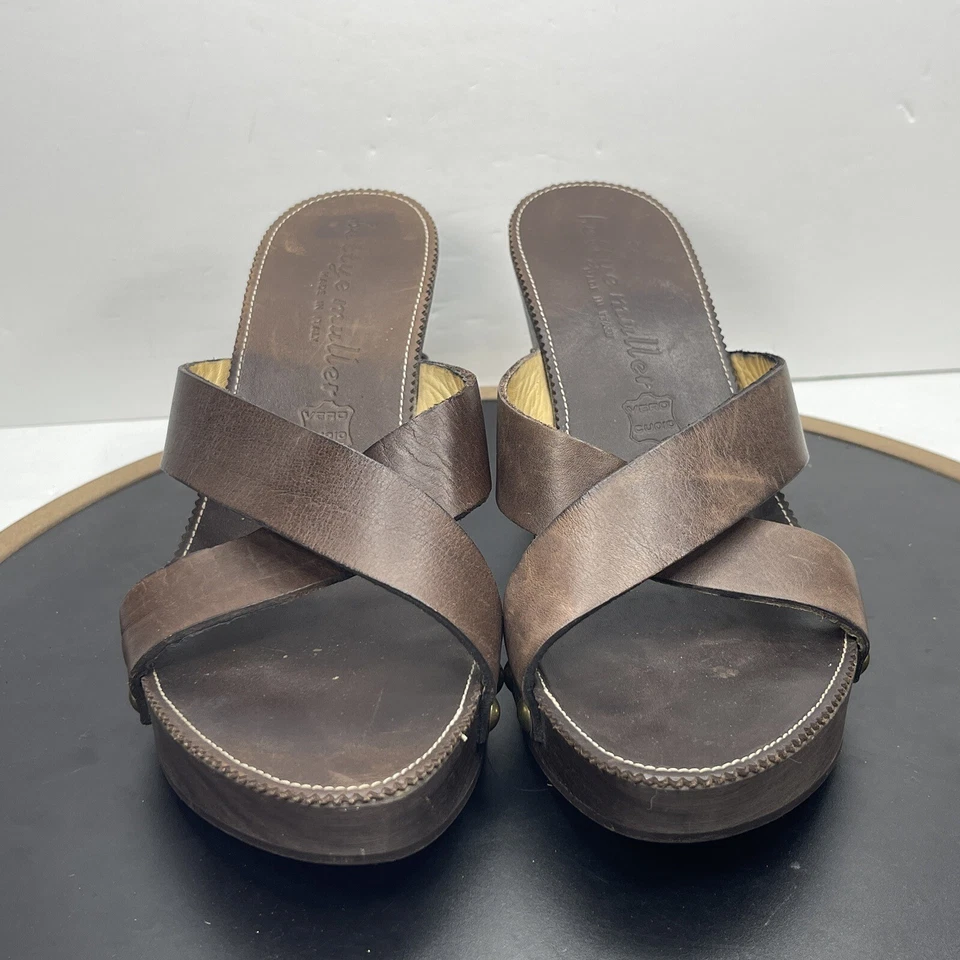 Sandalia Bettye Muller Cuero Cuña Marrón Talla 8 Correa Cruzada Hecha en Italia Foto 3 de 4