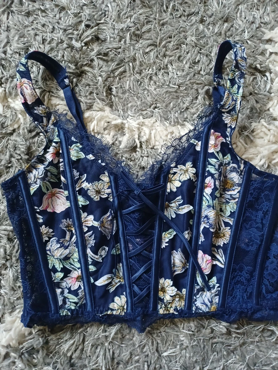 VS dream angel unlined lace up Corset bra top NEW medium navy