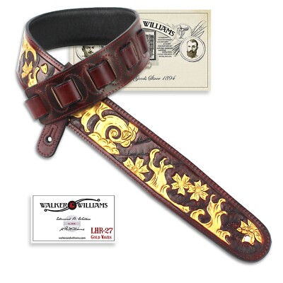 Walker & Williams LHR-27 Premium Dark Red Leather & Carved Gold Sumi Wave Scene