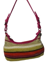 The Sak Multi Colored Stripe Crochet Med Sz Shoulder Bag Pink Trim Zipper