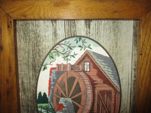 Hand Painted on Fabric Artwork Mill & Water Wheel Scene Wormy Chestnut Frame - Picture 3 of 5