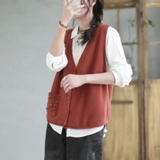 Lady Knit Cardigan V-neck Vest Tank Top Sleeveless Sweater Ethnic Waistcoat Chic