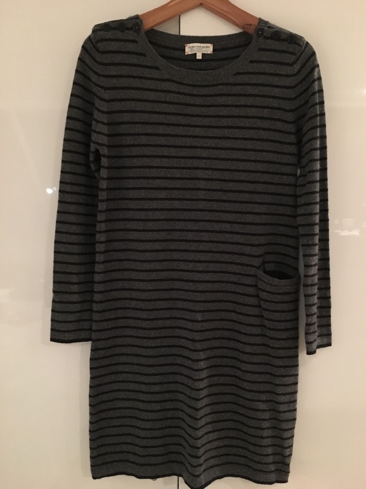 CHINTI AND PARKER Cashmere Striped Grey Navy Sweater Dress Jumper Pocket S Small