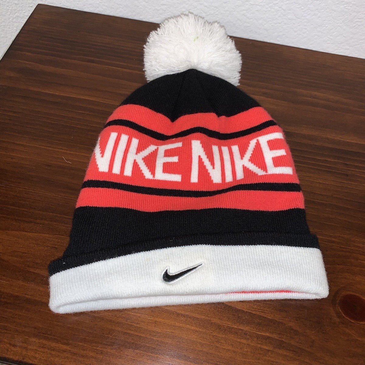 VINTAGE Nike Cuffed Pom Pom Beanie Black Red One Size Cotton