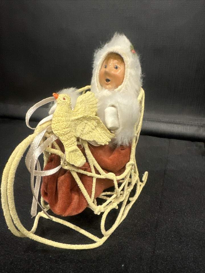 Byers' Choice Child in White Sleigh (Dove Sled) with Coat, Blanket