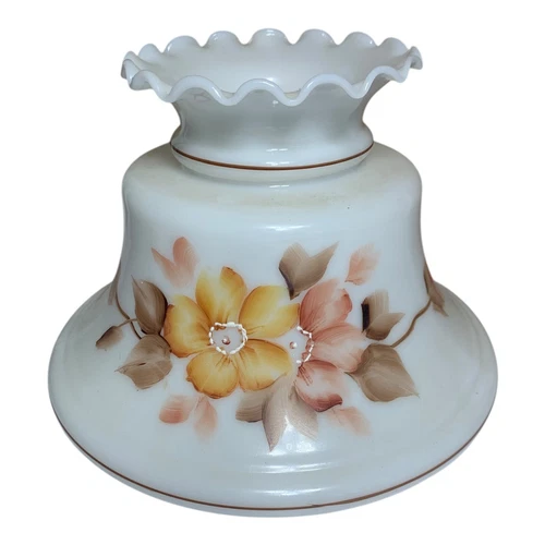 Vintage Milk Glass Ruffled GWTW Hurricane Lamp Shade Brown Floral 6.75" Fitter