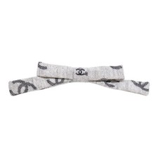 CHANEL CC Logo Ribbon Hair Barrette Cotton Tweed White Black Silver Hardware