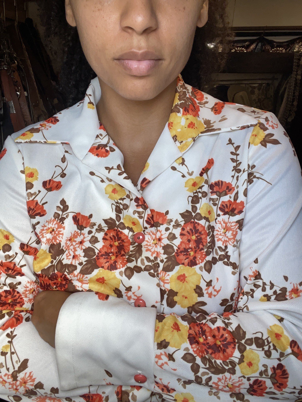 70s polyester floral dagger collar Button Up Disc… - image 4