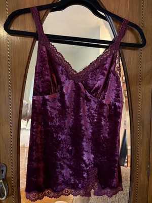 Express Y2K crush velvet babydoll cami SM lace trim tank burgundy red whimsigoth