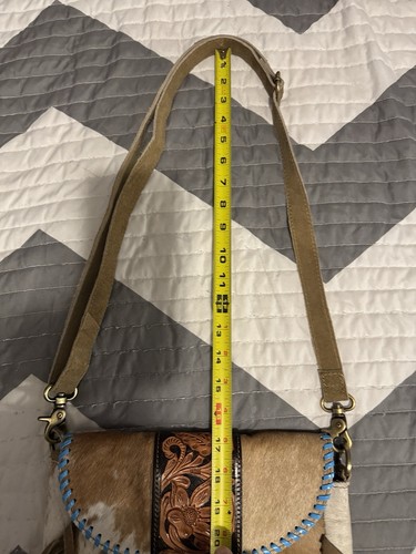 Leather Crossbody Bag W/Hsir On Cowhide Teal Lacing & Fringe NEW - Picture 13 of 14