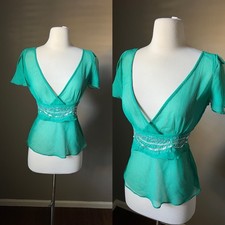 Vintage Y2K 90s Top Medium Teal Sequin Winged Silk Sheer Fairycore Whimsigoth