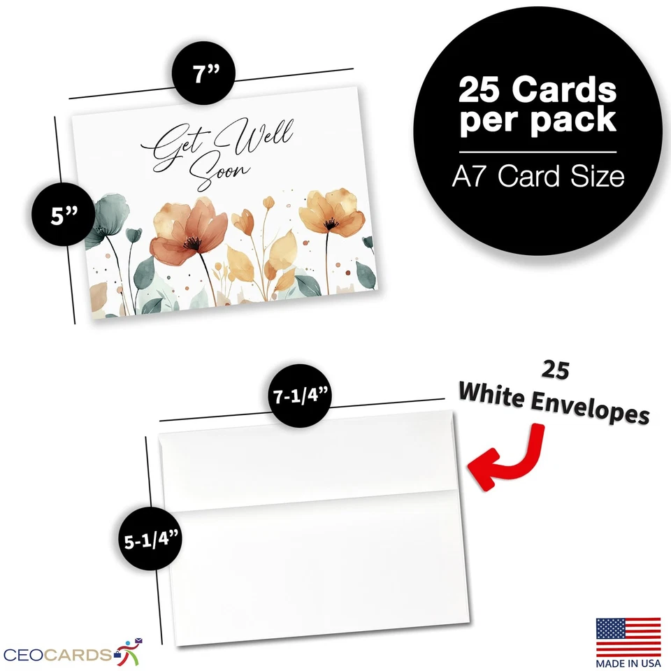 Get Well Soon Cards with Envelopes for Business & Family (Flowers) Bulk 25 Pa... - Image 4 of 4