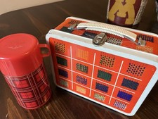 Vintage 1960's OHIO ART RED PLAID Metal Lunch Box with Aladdin Thermos USA Made