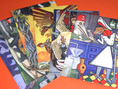 ORIGINAL SET VON SECHS SIGNIERTEN POLITISCHEN POSTKARTEN VON SANCHA PROPOGANDA, AESOPS.