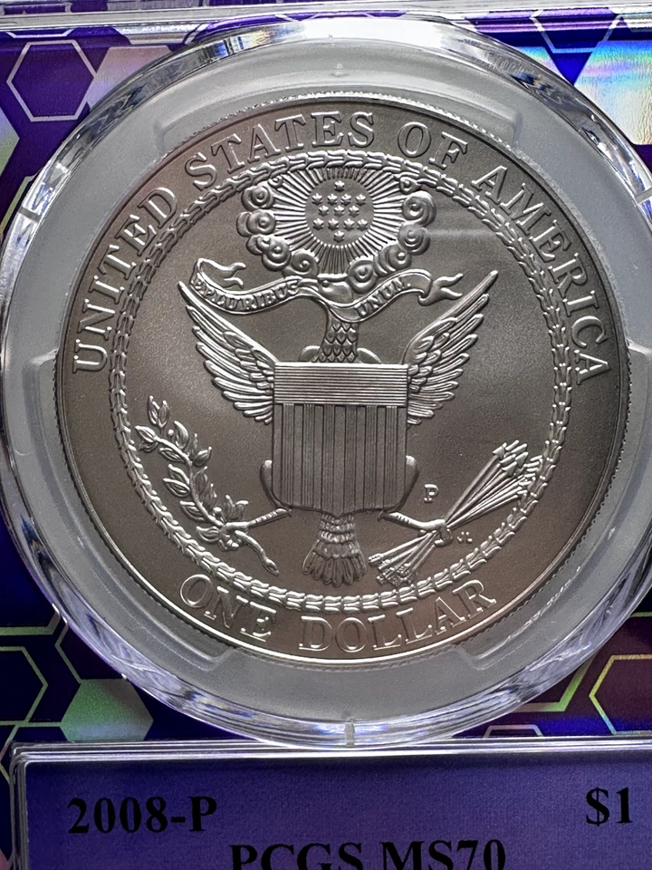 Dólar de plata Águila calva 2008-P graduación profesional MS70 • Moneda de plata fina 0,999 de 1 oz $1 Foto 4 de 4