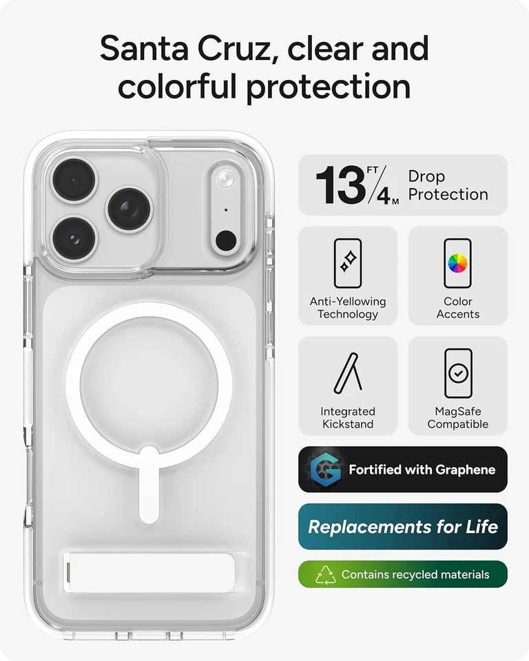 Funda a Presión ZAGG Santa Cruz con Pata de Cabra para iPhone 17 Pro Max - Transparente/Blanco Foto 3 de 3