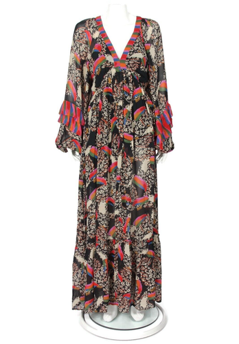 New Farm Rio Maxi Dress Leopard Tucan Ruffle Flowy Balloon Sleeve Size S NWT 149 - Picture 3 of 10