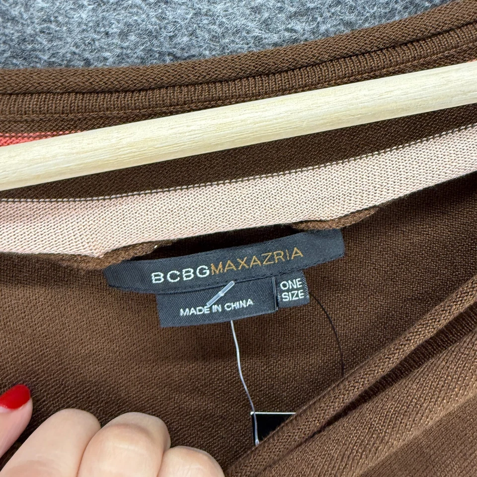 Novo Cabo Feminino BCBGMaxazria Tamanho Único Marrom Listrado Malha de Seda Gola Redonda Casual - Imagem 3 de 4