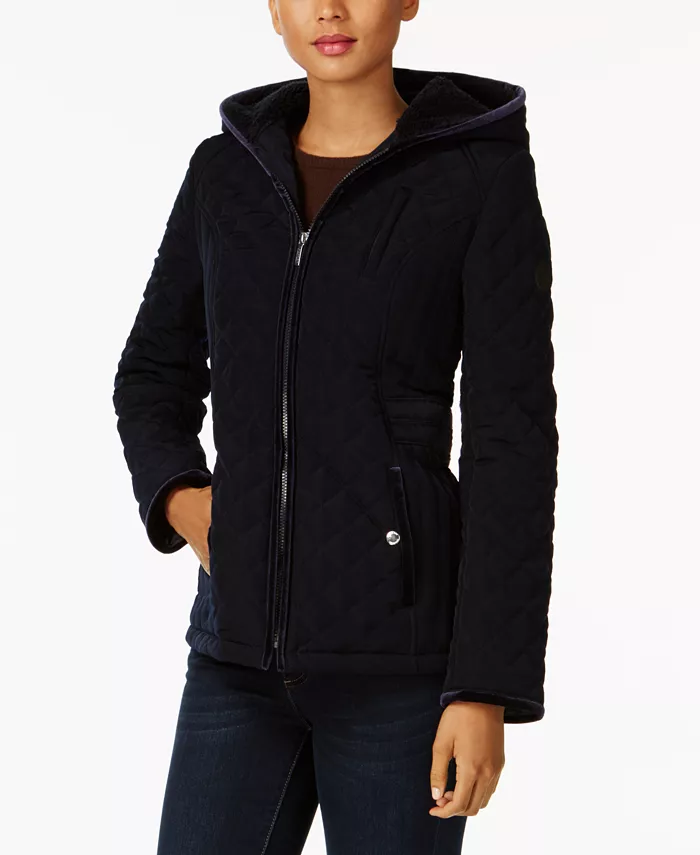 Laundry by Shelli Segal Navy Quilted Velvet Trim Jacket Coat Size