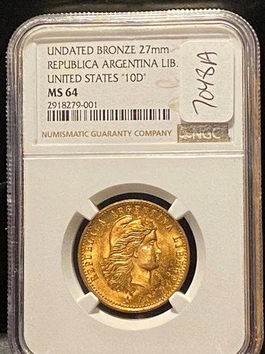 #A7048a, Republica Argentina/US 10D NGC MS64 Highest Known Grade Circa 1890