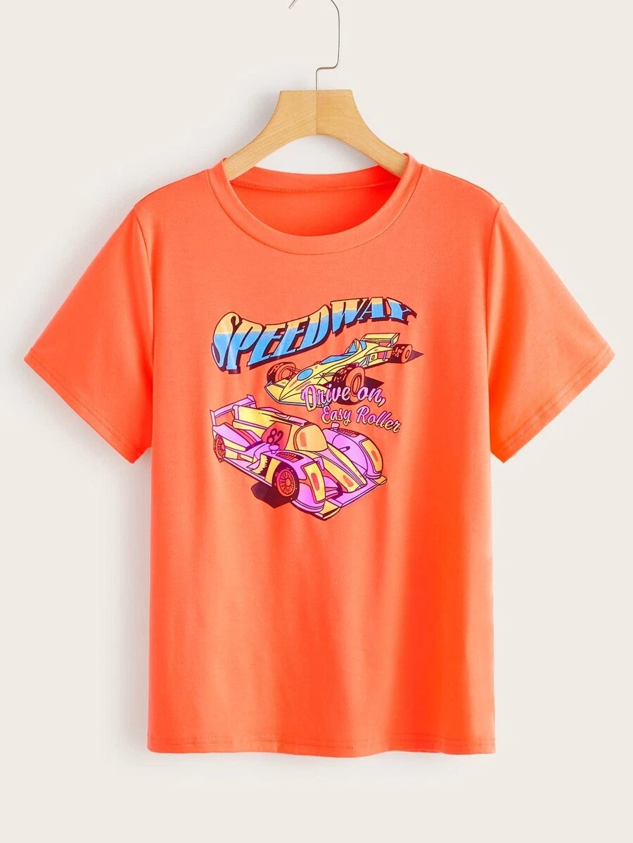 Shein Neon Orange Car & Letter Graphic Tee, M447