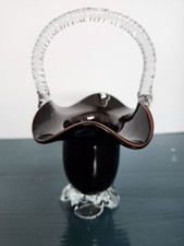 Vtg Ruby Red Hand Blown Glass Basket Ruffle Edge With Clear Glass Twist Handle