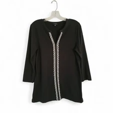 Lands' End Navy Blue V-Neck Tunic With White Embroidery Medium Nautical Beachy