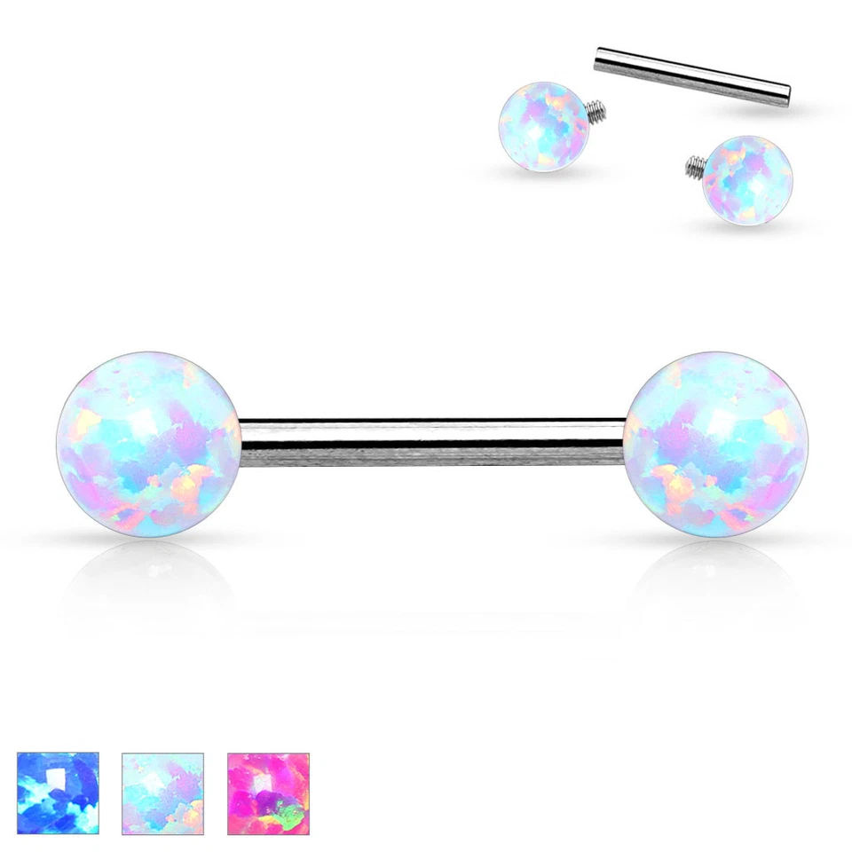Pair Simulated Opal Internal Thread Surgical Steel Nipple Rings Barbell Piercing - Image 2 of 4