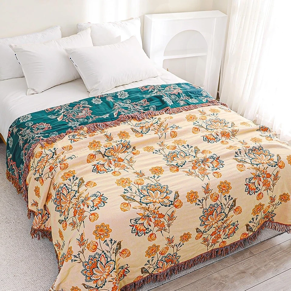 NEW Anthropologie Boho Floral Orange Teal Throw Blanket Bedspread Quilt 80 x 90 - Image 4 of 4